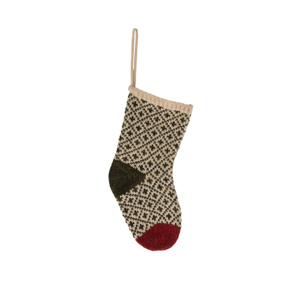 Maileg Winter-Green Christmas Stocking with intricate patterns and a blend of green and red hues.