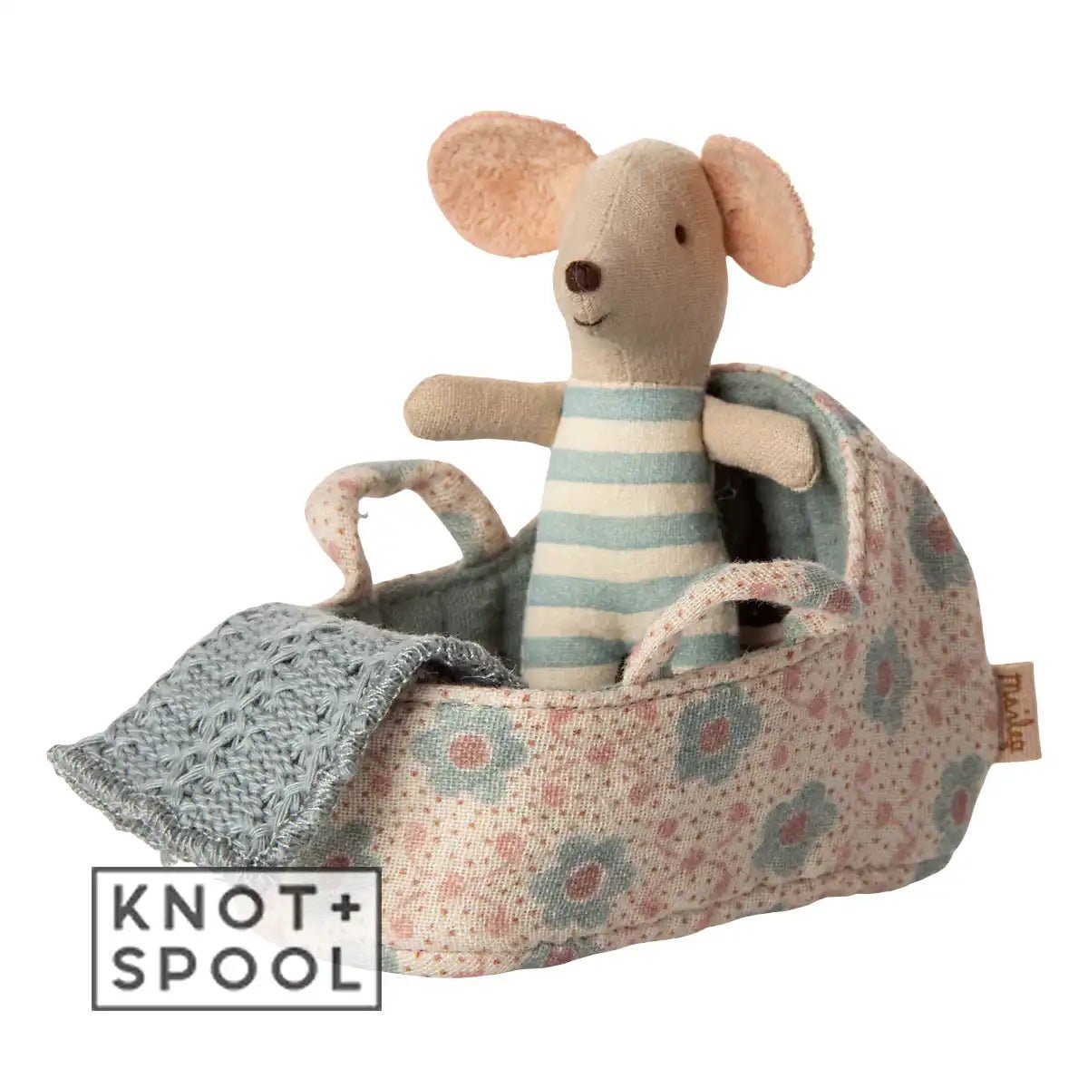 Maileg Blue Baby Mouse Carry Cot with Baby Mouse