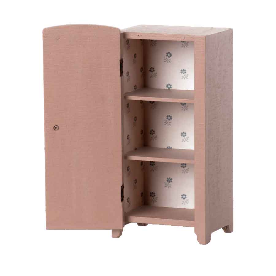 Maileg Miniature Light-Rose Closet with door open.