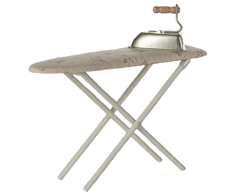 Vintage-style ironing board with a metal tray on a transparent background