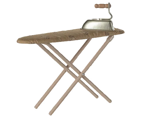 Vintage-style ironing board with metal tray on a transparent background