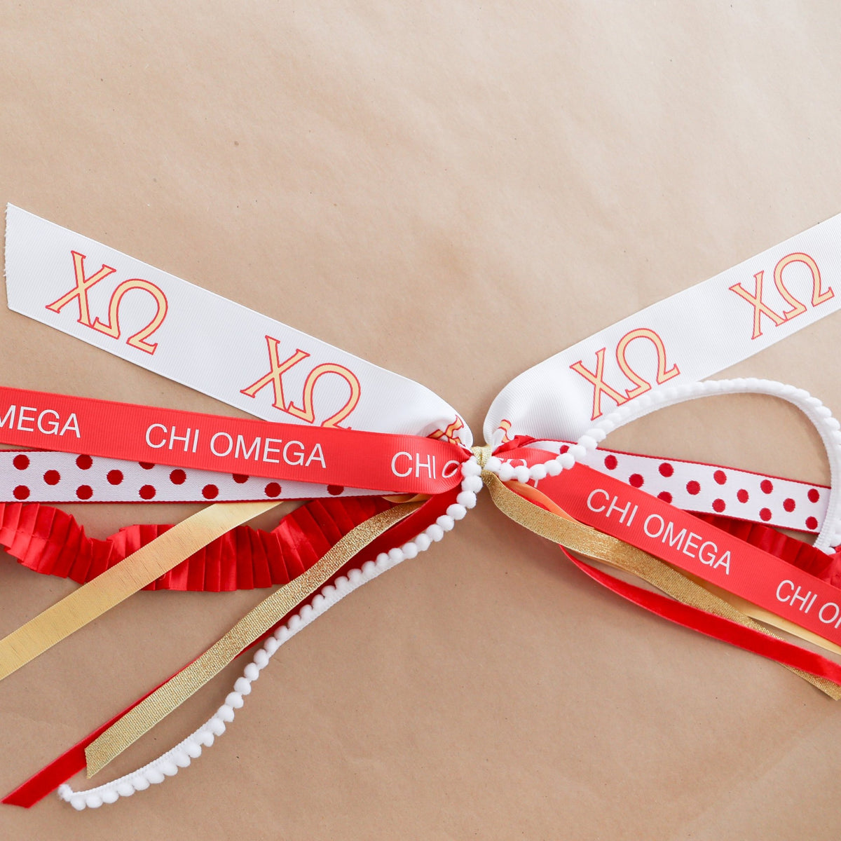 Chi Omega Ribbon Tassel - Knot and Spool