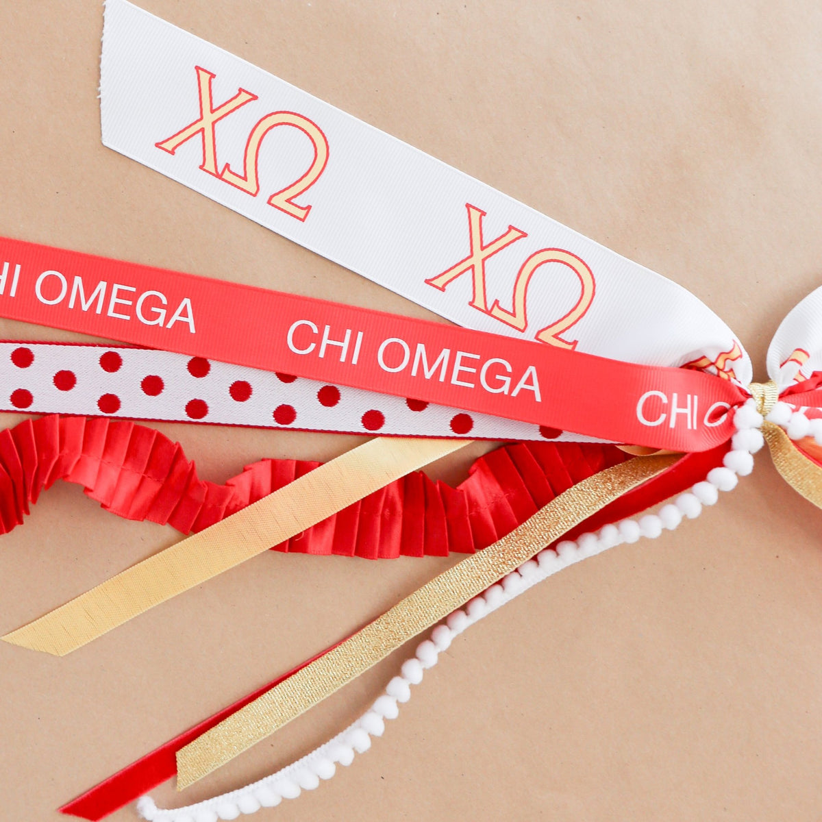Chi Omega Ribbon Tassel - Knot and Spool